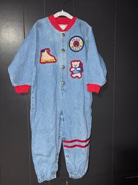 Light Wash Denim Jumpsuit with Red Trim and Patches